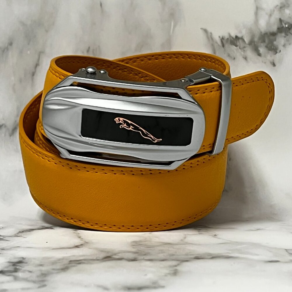 Mustard Yellow Belt Men's Women Leather Car Ratchet Belt with‎ Automatic Buckle